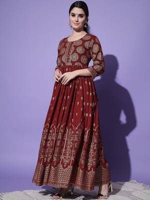 Maroon Ethnic Motif Printed Work Rayon Anarkali Kurta 1