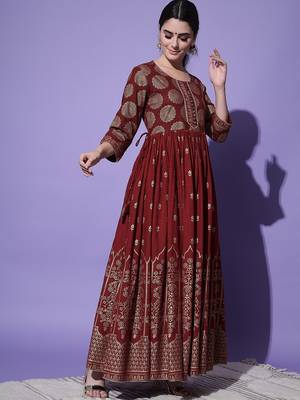 Maroon Ethnic Motif Printed Work Rayon Anarkali Kurta 4
