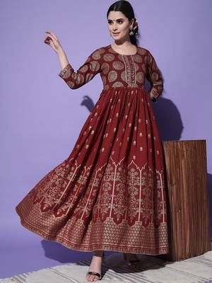 Maroon Ethnic Motif Printed Work Rayon Anarkali Kurta 5
