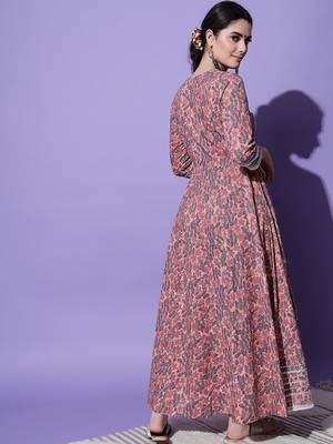 Peach Floral Printed With Embroidery Work Cotton Anarkali Kurta 2