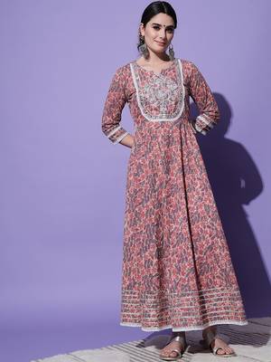 Peach Floral Printed With Embroidery Work Cotton Anarkali Kurta 1
