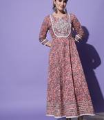 Peach Floral Printed With Embroidery Work Cotton Anarkali Kurta