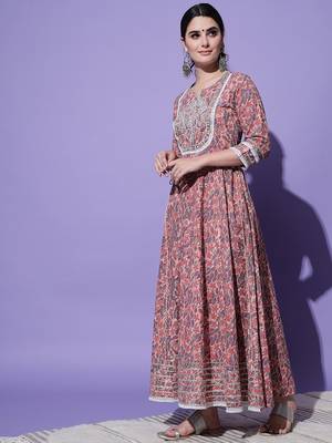 Peach Floral Printed With Embroidery Work Cotton Anarkali Kurta 3