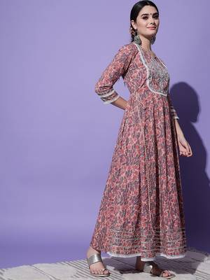 Peach Floral Printed With Embroidery Work Cotton Anarkali Kurta 4