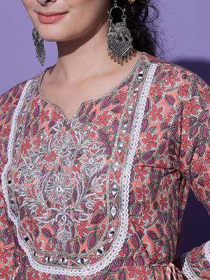 Peach Floral Printed With Embroidery Work Cotton Anarkali Kurta 5