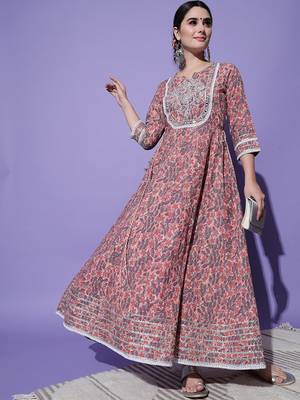 Peach Floral Printed With Embroidery Work Cotton Anarkali Kurta 6