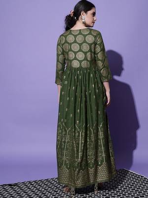 Green Ethnic Motif and Floral Printed Work Rayon Anarkali Kurta 1