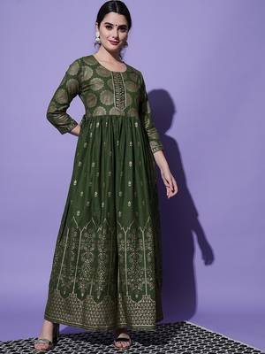 Green Ethnic Motif and Floral Printed Work Rayon Anarkali Kurta 2