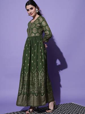 Green Ethnic Motif and Floral Printed Work Rayon Anarkali Kurta 3