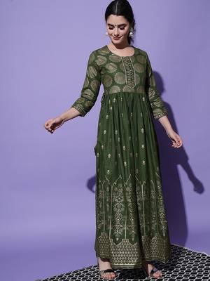 Green Ethnic Motif and Floral Printed Work Rayon Anarkali Kurta 4