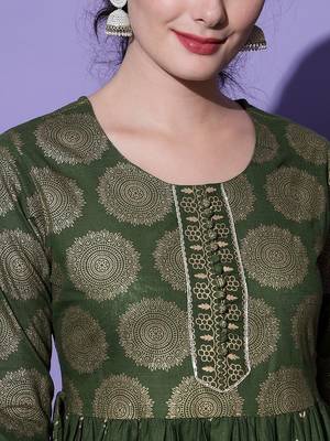 Green Ethnic Motif and Floral Printed Work Rayon Anarkali Kurta 5