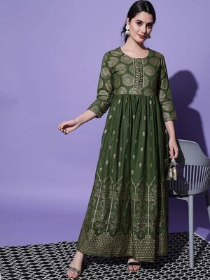 Green Ethnic Motif and Floral Printed Work Rayon Anarkali Kurta 6