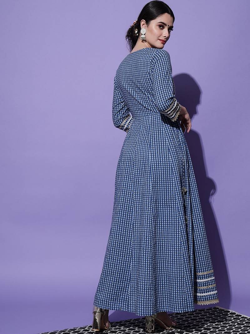 Blue Ethnic  Motif Printed With Embroidery Work Cotton Anarkali Kurta