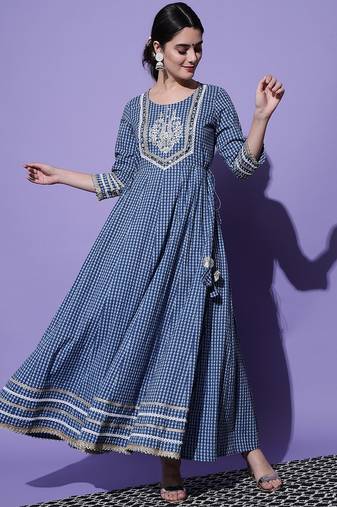 Blue Ethnic  Motif Printed With Embroidery Work Cotton Anarkali Kurta