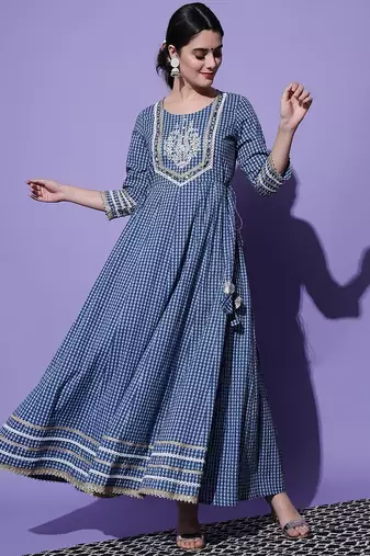Blue Ethnic  Motif Printed With Embroidery Work Cotton Anarkali Kurta