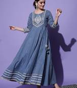Blue Ethnic  Motif Printed With Embroidery Work Cotton Anarkali Kurta