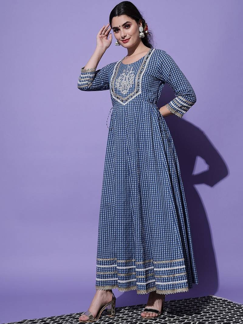 Blue Ethnic  Motif Printed With Embroidery Work Cotton Anarkali Kurta