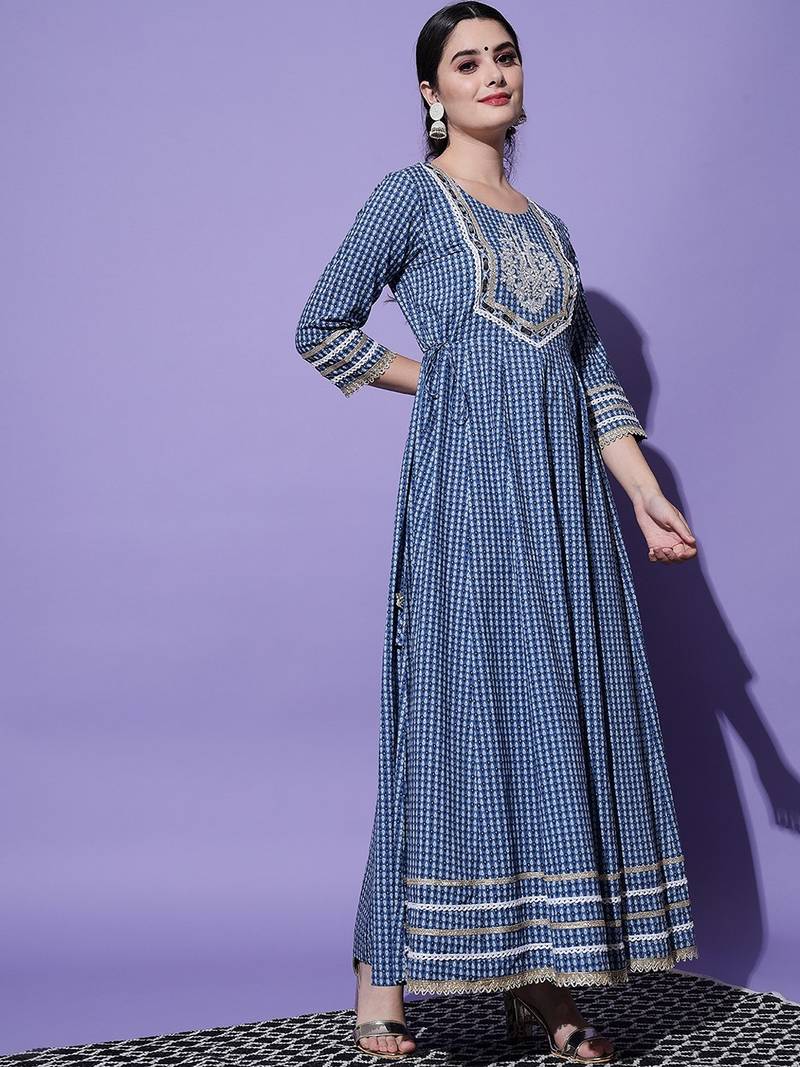 Blue Ethnic  Motif Printed With Embroidery Work Cotton Anarkali Kurta