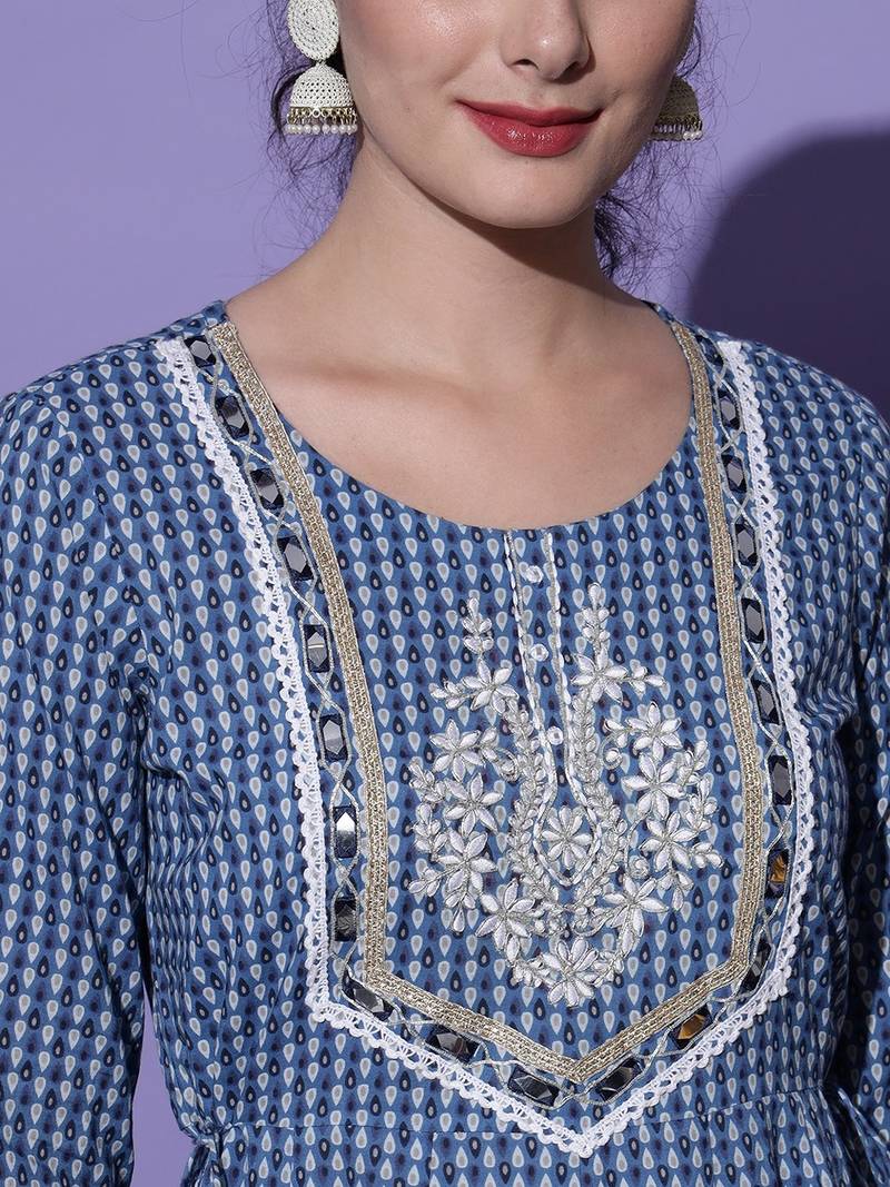 Blue Ethnic  Motif Printed With Embroidery Work Cotton Anarkali Kurta