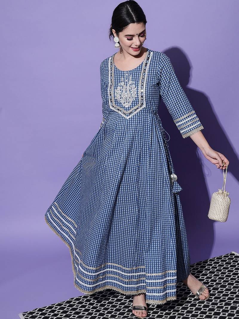Blue Ethnic  Motif Printed With Embroidery Work Cotton Anarkali Kurta