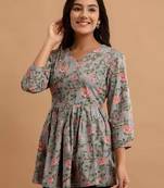 Grey Floral Printed Rayon Short Top