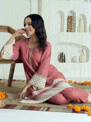 Pink lace work co-ord kurta set 1