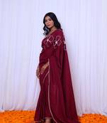 Maroon hand embroidered cotton saree with printed blouse