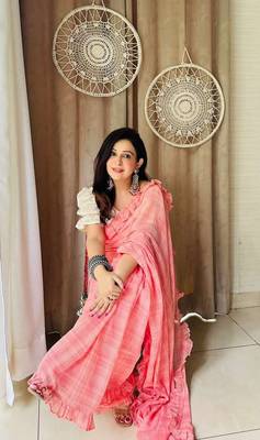 Peach organic cotton ruffle saree with blouse 1