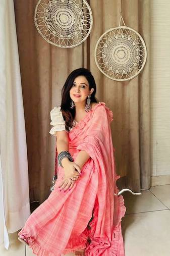 Peach organic cotton ruffle saree with blouse