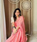 Peach organic cotton ruffle saree with blouse