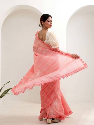 Peach organic cotton ruffle saree with blouse 2
