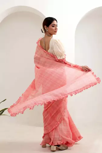 Peach organic cotton ruffle saree with blouse