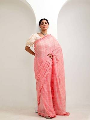 Peach organic cotton ruffle saree with blouse 3