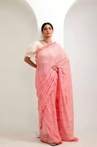 Peach organic cotton ruffle saree with blouse