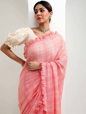 Peach organic cotton ruffle saree with blouse 4