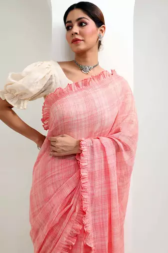 Peach organic cotton ruffle saree with blouse