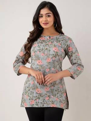 Grey Floral Printed Rayon Kurta 2
