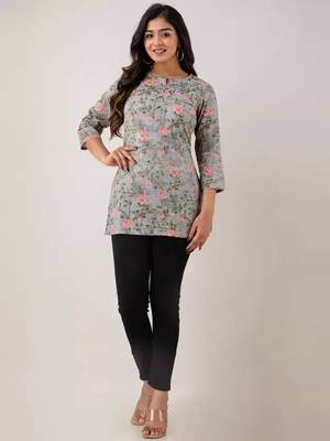 Grey Floral Printed Rayon Kurta 1