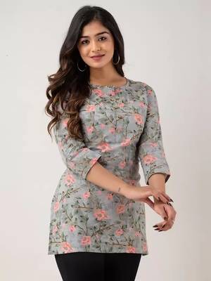 Grey Floral Printed Rayon Kurta 4