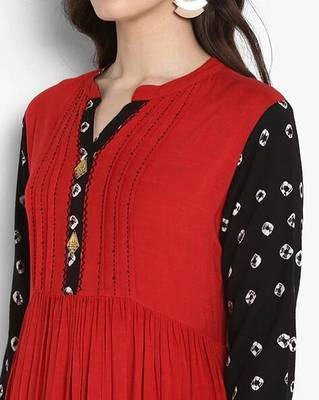 Red Ethnic Motif Printed Work Rayon Kurta 4