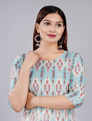 Sky Blue Geometric Printed Work Rayon Anarkali Kurta 5