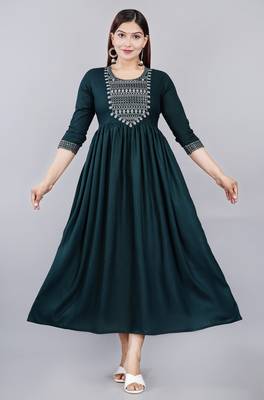 Green Embroidery Work Rayon Anarkali Kurta 1