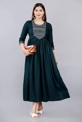 Green Embroidery Work Rayon Anarkali Kurta 6