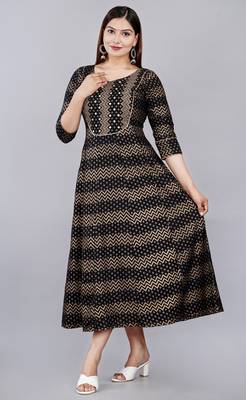 Black Zig Zag & Small Floral Printed Work Rayon Anarkali Kurta 3