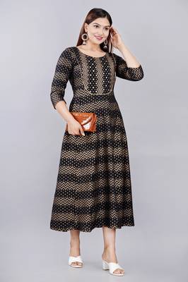Black Zig Zag & Small Floral Printed Work Rayon Anarkali Kurta 4