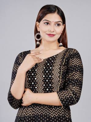 Black Zig Zag & Small Floral Printed Work Rayon Anarkali Kurta 5