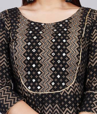 Black Zig Zag & Small Floral Printed Work Rayon Anarkali Kurta 6