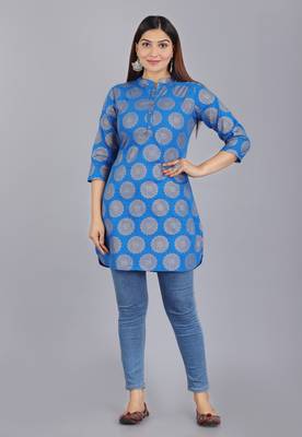 Blue Ethnic Motif Printed Work Cotton Straight Kurta 1