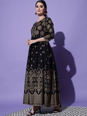 Black Ethnic Motif Printed Work Cotton Anarkali Kurta 3