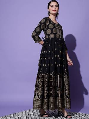 Black Ethnic Motif Printed Work Cotton Anarkali Kurta 4
